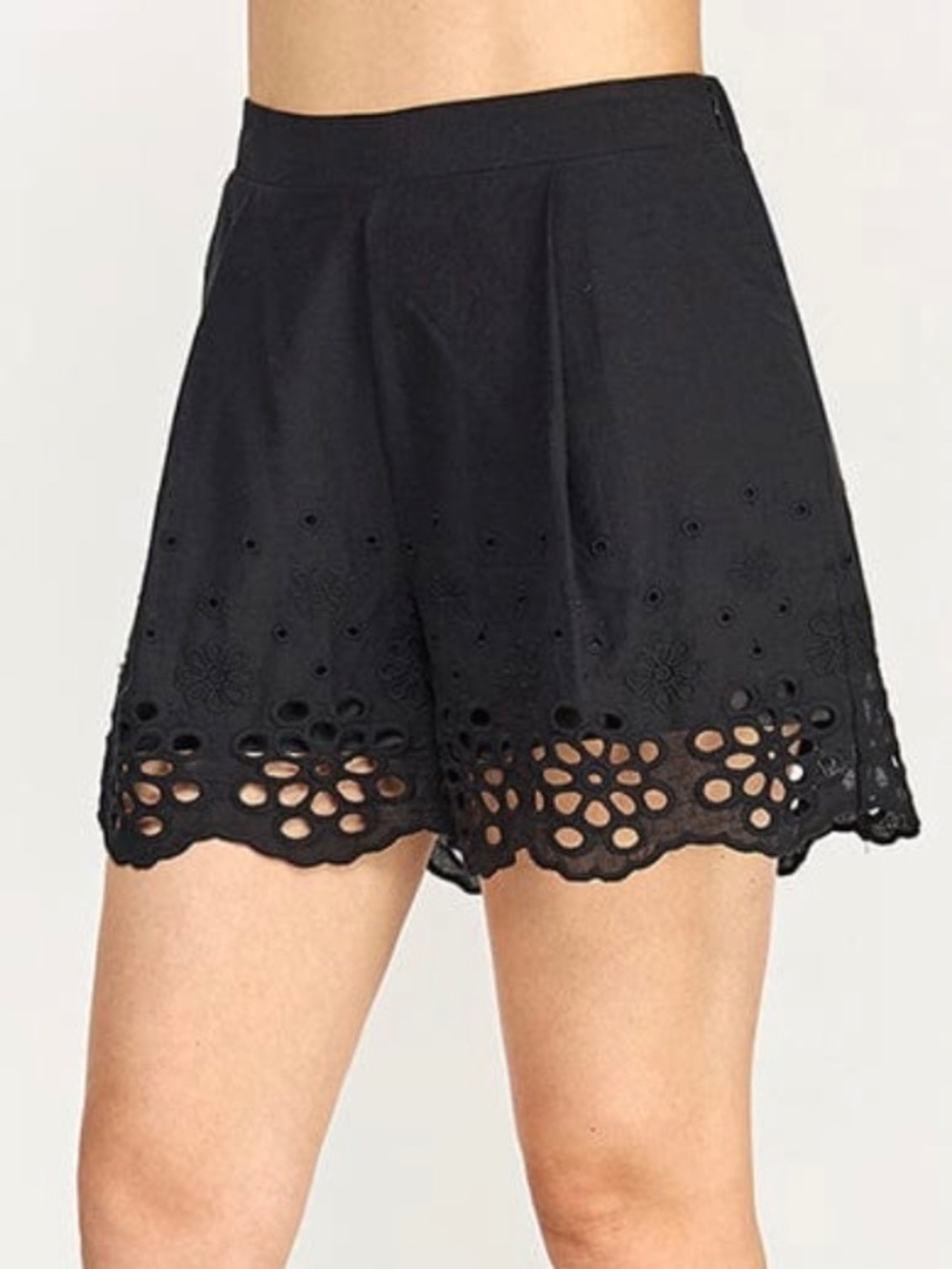 BLACK HIGH WAIST SHORTS WITH FLORAL EYELETS SIZE SMALL - NWT - Picture 3 of 14